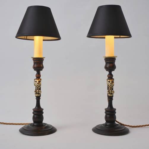Pair antique candlestick table lamps, Cheshire Cat, Lewis Carroll Alice in Wonderland, brass & oak, 1920`s ca, English